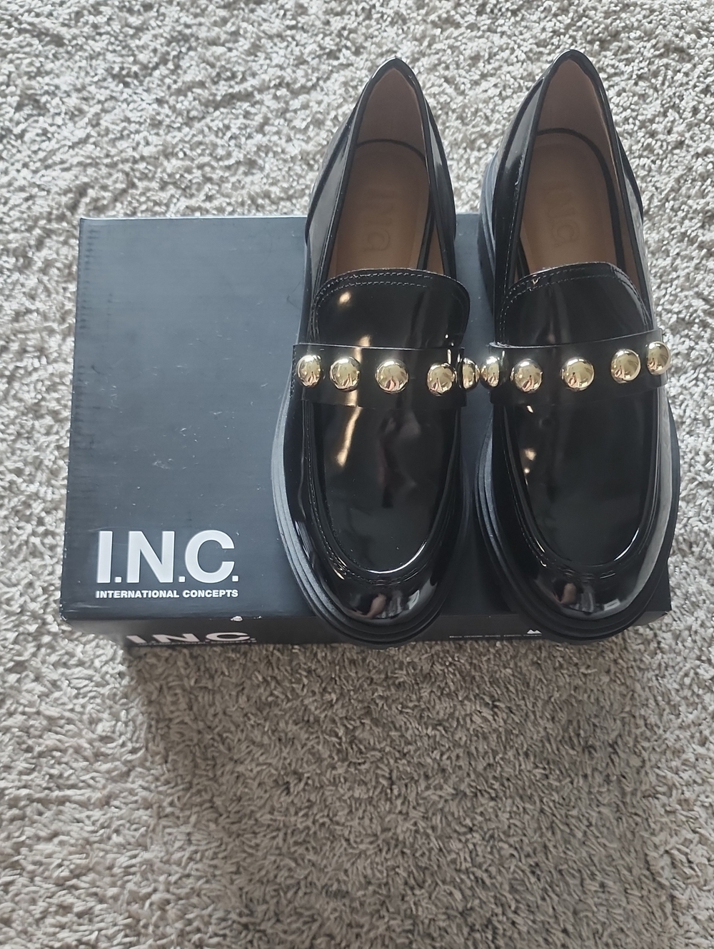 INC International Concepts Black Patent Loafers with Gold Studs